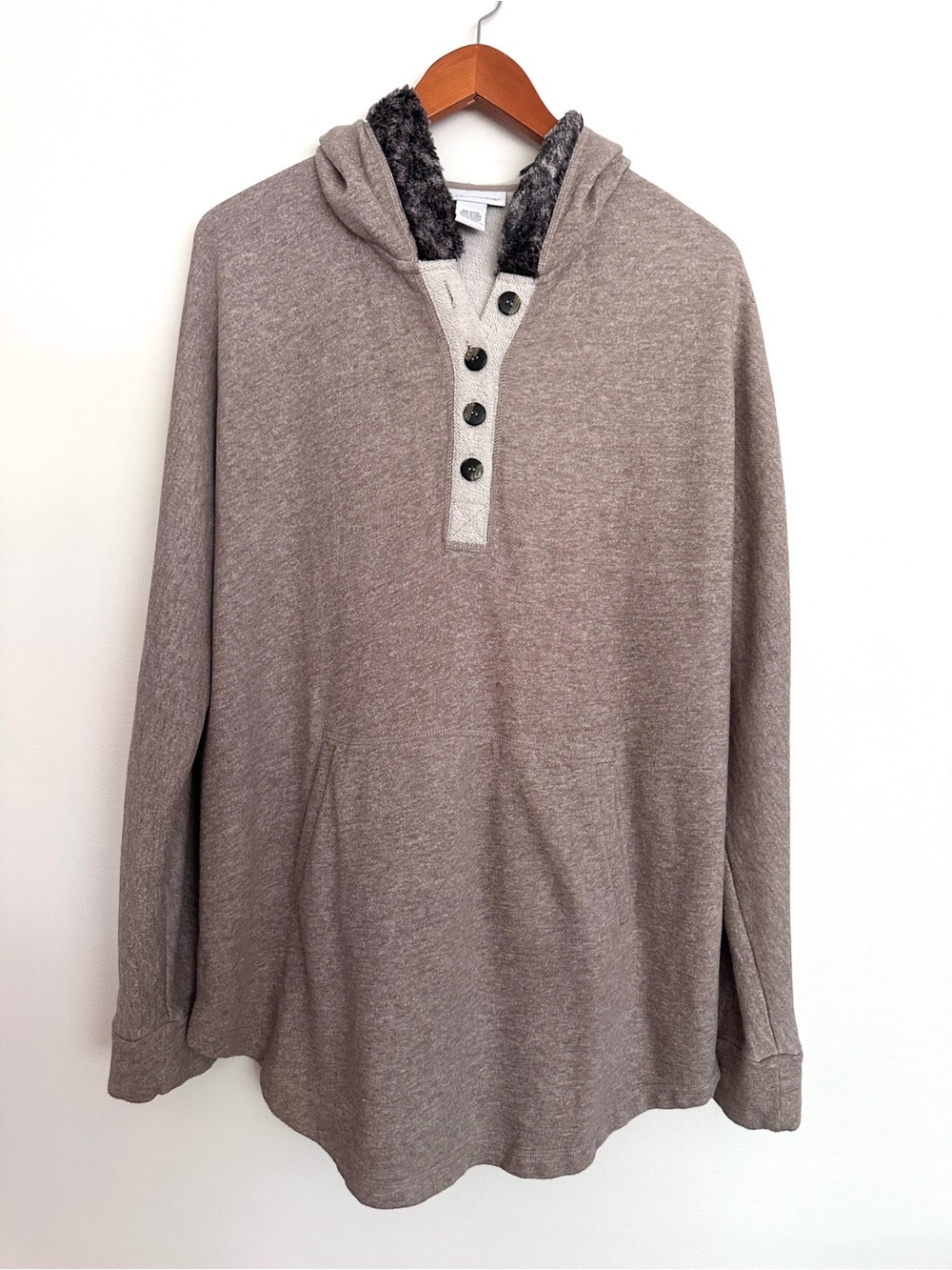 Soft Surroundings Heather Taupe Hooded Henley with Faux Fur Trim Size Medium